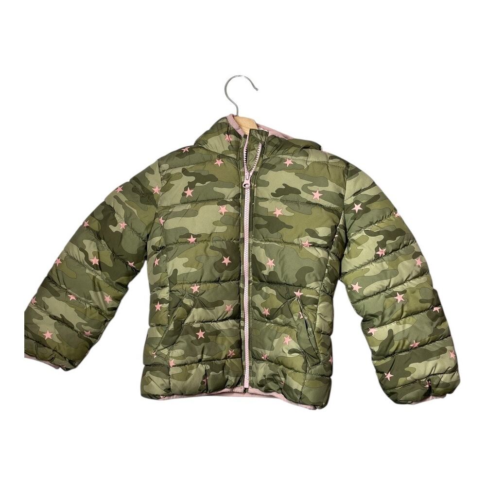 GAP Kids Camo Girls Puffer Jacket Coat Size XS Hood Pink Star Green